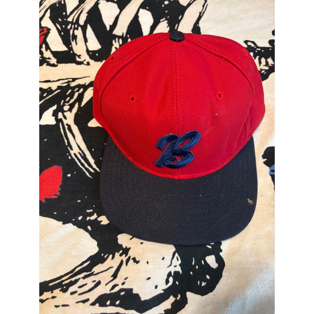 Vintage New Era Lincoln Athletics Snapback Hat Red Navy Blue Made in USA B Logo